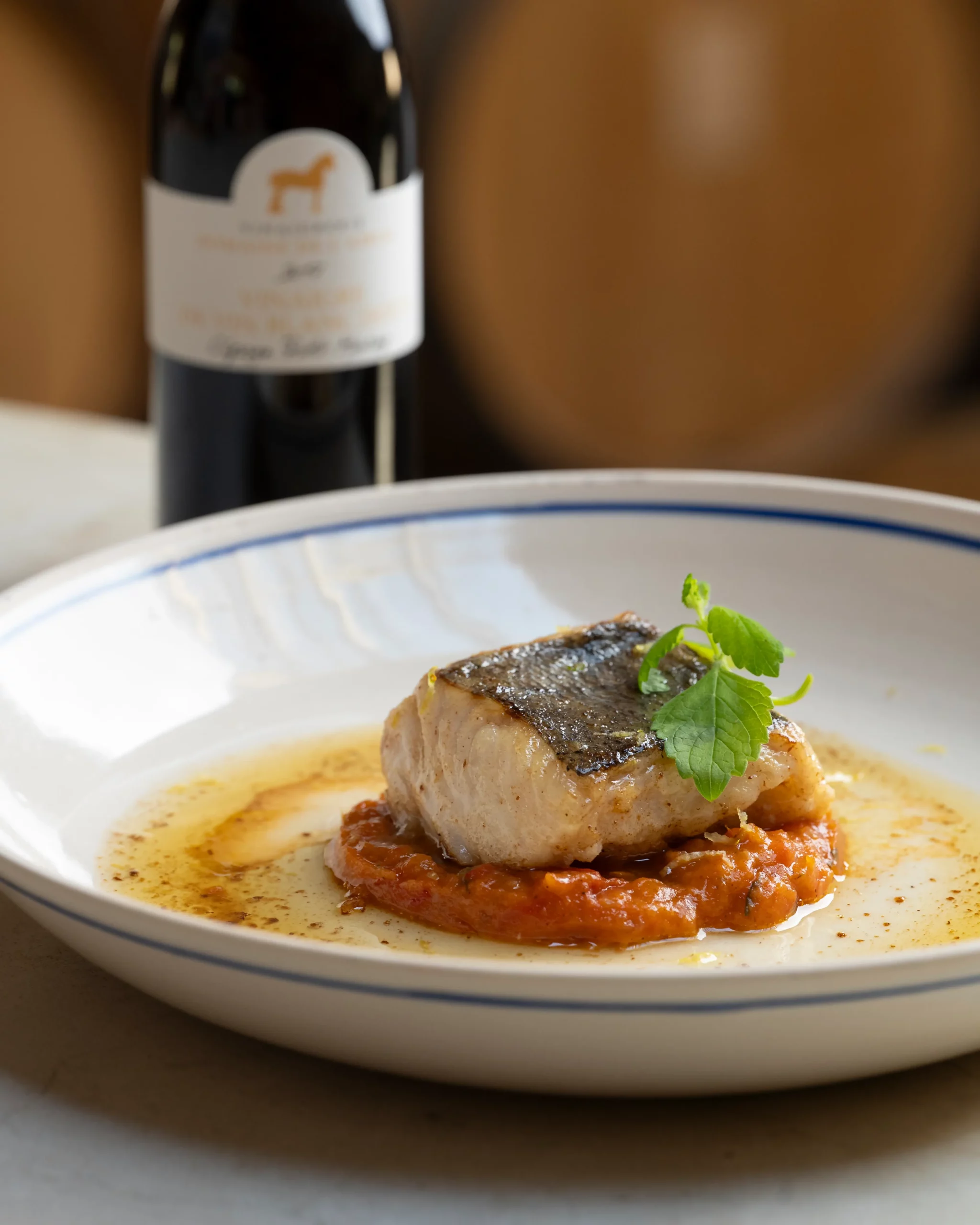 Merlu rôti sauce vinaigre vin blanc doux petit manseng